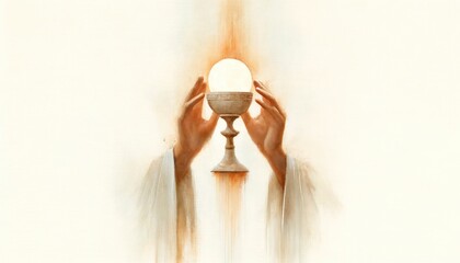Hands blessing the Sacred Host with Chalice. Digital watercolor painting.