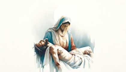 Sixth Sorrow. Mother Mary cradling Christ's body.   Digital illustration. - obrazy, fototapety, plakaty