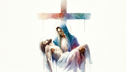 Sixth Sorrow. Mother Mary cradling Christ's body.  Watercolor cross in the backgound. Digital illustration. - obrazy, fototapety, plakaty