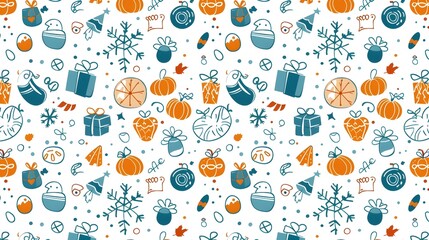 Festive Fall Holiday Pattern in Orange and Blue Wallpaper Background