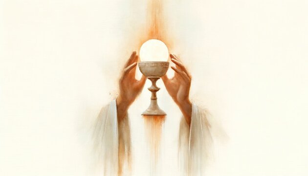 Hands blessing the Sacred Host with Chalice. Digital watercolor painting.
