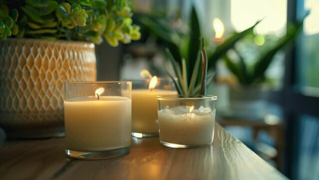 Candles and potted plants p throughout the room add a touch of hygge and create a warm and inviting atmosphere perfect for making . .