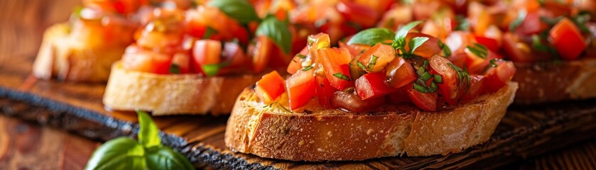 Photorealistic image of bruschetta, closeup, vibrant colors in natural daylight ,digital photography,Prime Lenses - obrazy, fototapety, plakaty