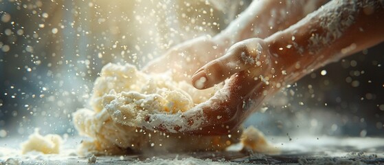 Photorealistic image of a hand kneading dough, closeup, vibrant flour dust, sunlight ,3DCG,high resulution