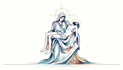 Jesus, taken down from the cross, is given to his mother Mary. Sixth Sorrow. Sketch of Mary holding Jesus, vector illustration. - obrazy, fototapety, plakaty