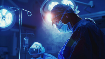 Surgeon in a brightly lit operating room, focused on a critical procedure,