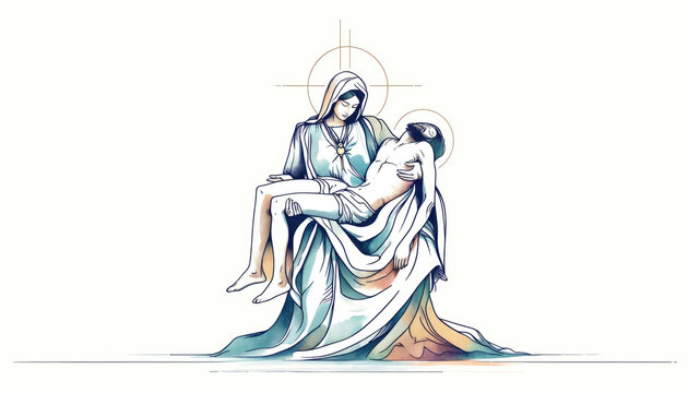 Jesus, taken down from the cross, is given to his mother Mary. Sixth Sorrow. Sketch of Mary holding Jesus, vector illustration.