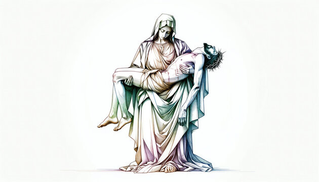 Jesus, taken down from the cross, is given to his mother Mary. Sixth Sorrow. Jesus Christ and the Virgin Mary isolated on white background. Vector illustration.
