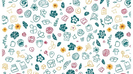 Hand-Drawn Floral and Object Doodles in Teal, Red, and Yellow Wallpaper Background