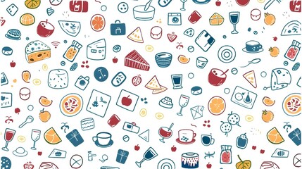 Colorful Hand-Drawn Food and Beverage Doodles on White Wallpaper Background