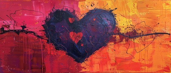 Abstract painting of heartbeats intertwined with neural paths, love and reasoning, - obrazy, fototapety, plakaty