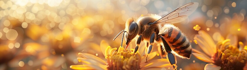 Golden Worker Closeup of a honeybee, its wings glistening in the sunlight, pollen dusting its legs, set against the vibrant bloom of a flower , vray - obrazy, fototapety, plakaty
