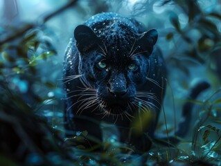 Black Panther prowling at dusk, jungle softly out of focus,