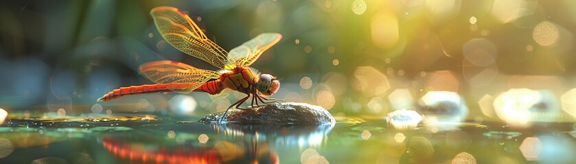 Jewel of the Pond Intimate closeup capturing a dragonflys vibrant body and gossamer wings, emphasizing its role as a jewellike guardian of the waters edge , vray