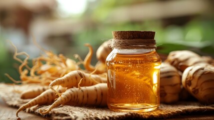 Ginseng and honey jar on a blurred wooden table, vitality blend - obrazy, fototapety, plakaty