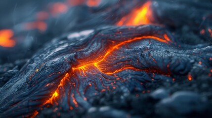 Glowing lava on a blurred volcanic landscape, raw power