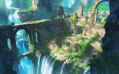 concept art of an ancient temple entrance in the jungle, with waterfalls and lush greenery surrounding it; fantasy adventurers walking through an open gate to another world