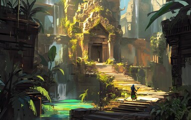 concept art of an ancient temple entrance in the jungle, with waterfalls and lush greenery surrounding it; fantasy adventurers walking through an open gate to another world