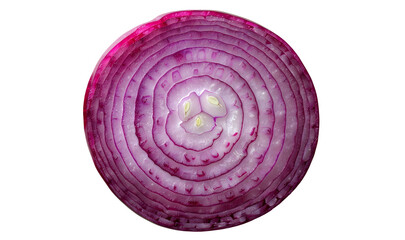 Red onion slices isolated on white and transparent background. Top view. Flat lay. Red onion slice in air, without shadow.