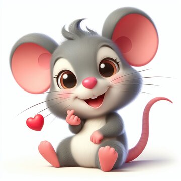 Cute gray mouse with pink ears and paws sitting on white background, animated picture, 3D