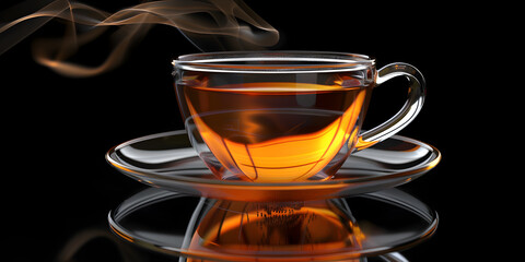 A cup of tea with smoke coming out of it, Hot black tea in a  cup on a black background.
