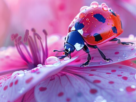 Whimsical Voyager Intimate closeup capturing a ladybugs journey across a blooming flower, emphasizing the contrast of its vivid colors against the petals surface , vray