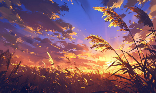 reed field at sunset-generative ai