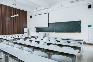 In university classrooms, tables and chairs are neatly arranged