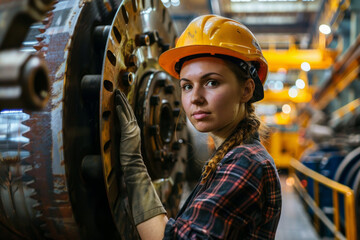 A woman wearing a safety helmet, laboring in an industrial factory with steel machinery