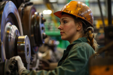 A woman wearing a safety helmet, laboring in an industrial factory with steel machinery - obrazy, fototapety, plakaty