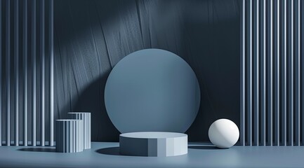 Grey background with geometric shapes and podiums for product presentation in the style of minimalistic