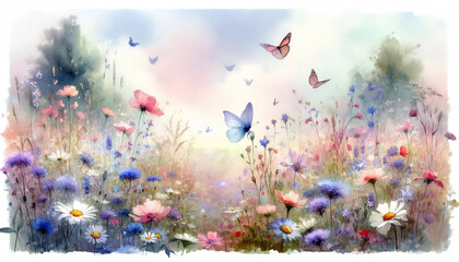 Obraz na płótnie Canvas A serene and colorful illustration that captures the essence of a blooming meadow, complete with a variety of flowers and butterflies, all under the enchanting spell of a peaceful, harmonious setting.