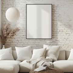 Frame poster mockup, white brick wall background, home interior. 3D rendering