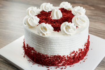 A closeup view of a red velvet cake.