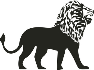 A fierce lion vector, mane flowing, poised to strike, exuding regal power with every pixel. Its eyes glint with intensity, commanding attention amidst the wilderness, a symbol of strength and majesty.