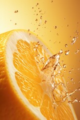 One sliced orange with water droplets splashing.