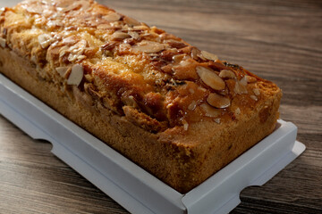 A closeup view of an almond pound cake.