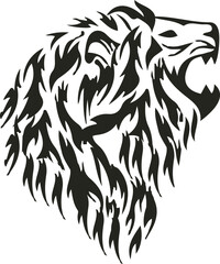 A fierce lion vector, mane flowing, poised to strike, exuding regal power with every pixel. Its eyes glint with intensity, commanding attention amidst the wilderness, a symbol of strength and majesty.