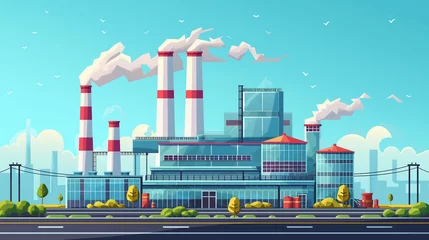 Foto op Plexiglas Industrial factory in flat style a vector an illustration.Plant or Factory Building.road tree window facade.Manufacturing factory building. industrial building concept.Eco style factory.City landscape © Wasin Arsasoi