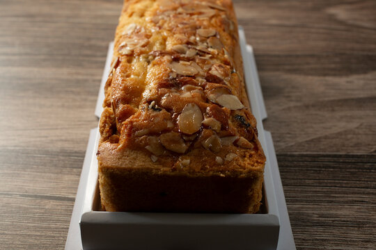 A closeup view of an almond pound cake.