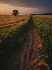 Dirt road in the middle of a wheat field next to a lonely tree at dawn