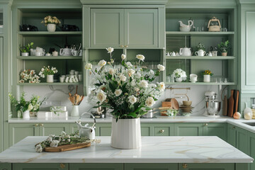 A classic kitchen with green cabinets and white marble countertop, adorned with fresh flowers in vases on the island table. - obrazy, fototapety, plakaty