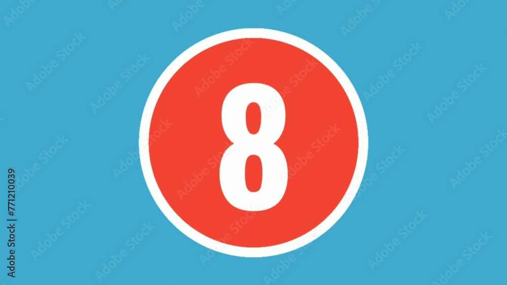 Poster countdown cartoon number 10 ten to 0 zero motion graphics animation in red circle on blue background