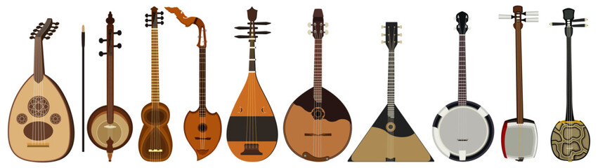 Set vector collections guitar traditional. Oud, Kamancheh, Tar, Isarn Acoustic Electric Phin, Biwa, Domra, Balalaika, Banjo, Shamisen, Sanshin music instrument design illustration