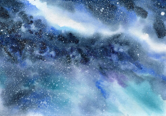 Watercolor illustration of outer space, nebula, galaxies, clusters of stars and clouds. Hand drawn beautiful colorful abstract, fantasy background for design, poster, print, banner, greeting card