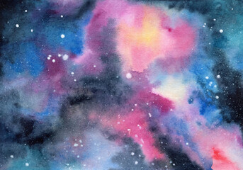 Watercolor illustration of outer space, nebula, galaxies, clusters of stars and clouds. Hand drawn beautiful colorful abstract, fantasy background for design, poster, print, banner, greeting card