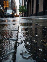 Low angle shoot of a downtown road in a city after rain with cars and buildings