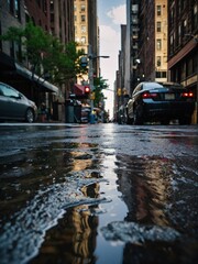 Low angle shoot of a downtown road in a city after rain with cars and buildings