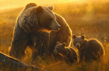 A family of grizzly bears, including cubs and mother bear in the wild on a grassy field during golden hour lighting - obrazy, fototapety, plakaty