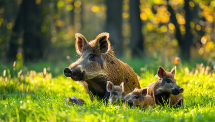 A family of wild boars foraging in the meadow, with their young boar cubs running around them.